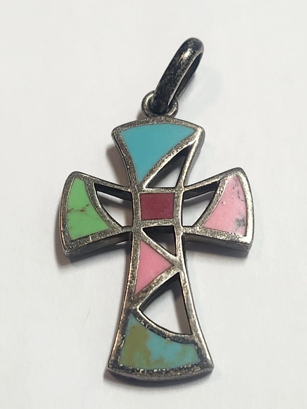 Sterling Cross Pendant with Inlay - Pink, Turquoise & Green